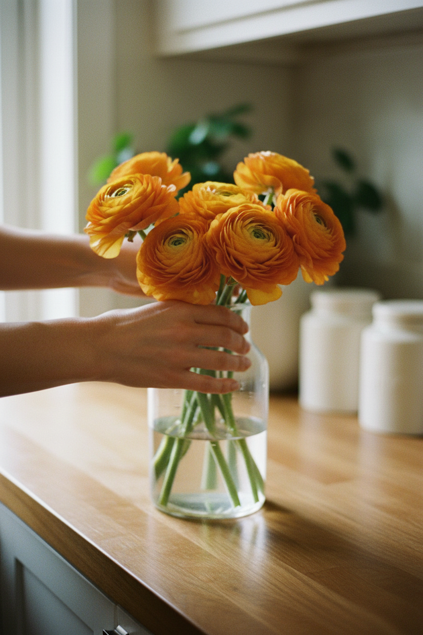 Tecolote Gold Ranunculus bouquet with vivid golden-orange, densely layered petals and green stems in a clear glass vase.