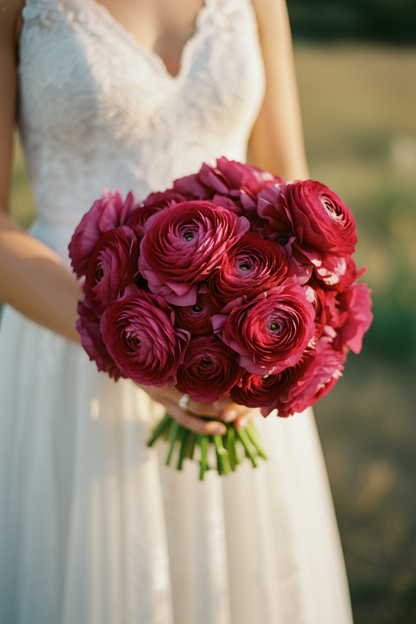Ranunculus bouquet in deep burgundy and raspberry, with densely layered silky petals and fresh green stems; Tecolote Merlot blooms.