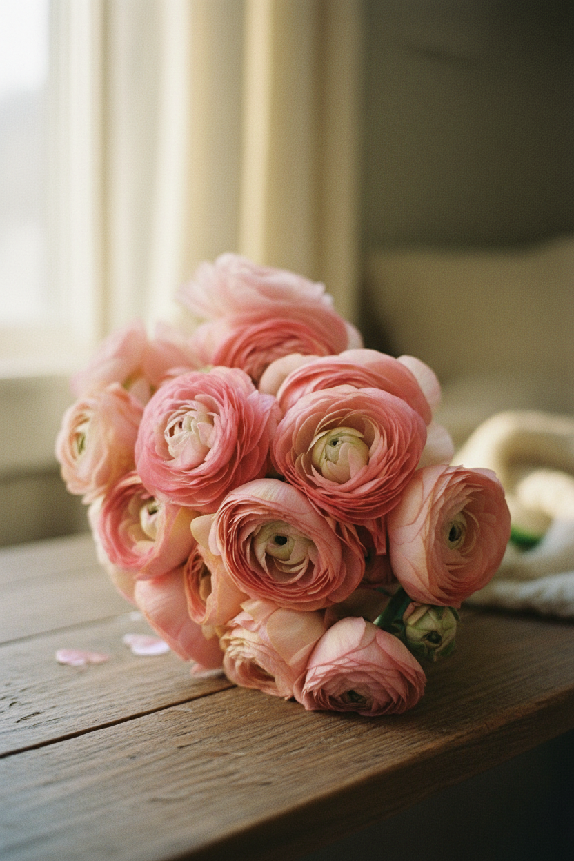 Tecolote Pink Ranunculus bouquet with layered blush-pink petals, coral tones, and pale green centers on fresh stems.