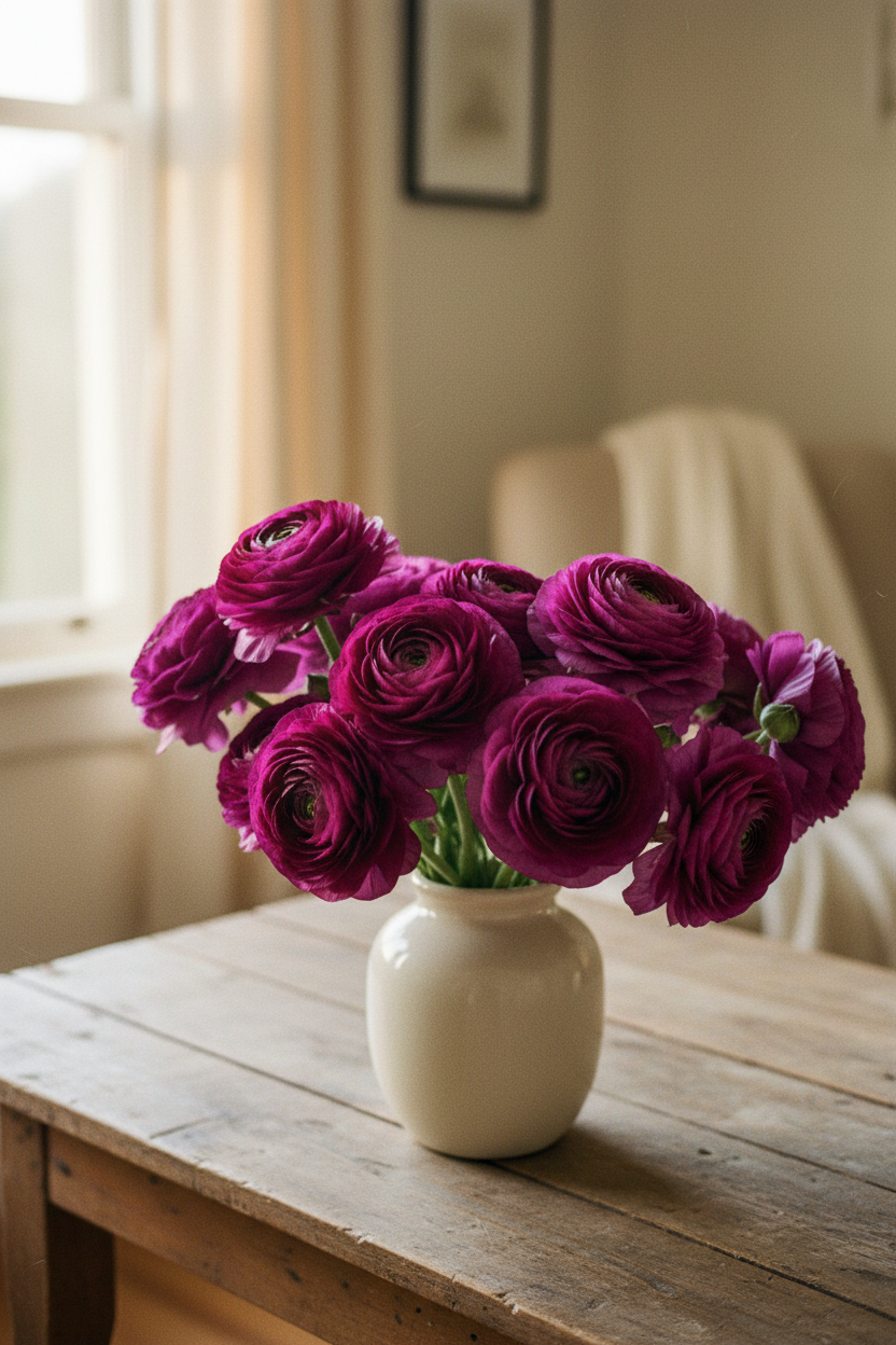 Tecolote Purple Ranunculus bouquet with deep magenta-purple, densely layered petals and dark centers, arranged in a white vase.