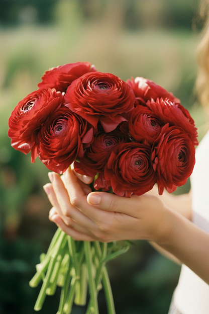 Tecolote Red Ranunculus bouquet with densely layered, velvety scarlet-red petals and long green stems.