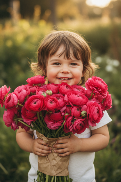 Tecolote Rose Ranunculus bouquet with densely layered, vibrant rose-red blooms and green stems wrapped in brown paper.