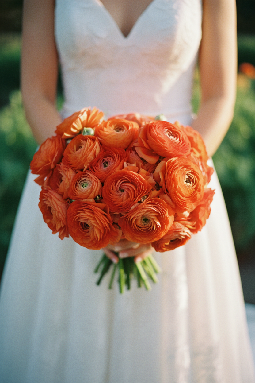 Tecolote Sunset ranunculus bouquet with vivid orange, layered silky petals and tightly curled, rose-like blooms held in a wedding bouquet.