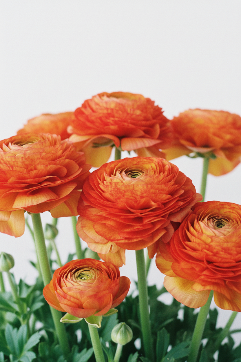 Tecolote Sunset Ranunculus with layered orange-red petals fading to peach at the edges and green stems.