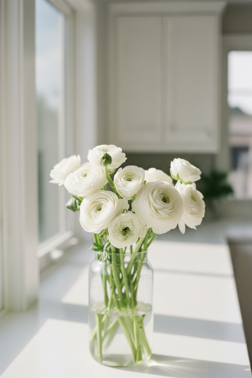Tecolote White Ranunculus bouquet with creamy white, densely layered petals and slender green stems in a glass vase.