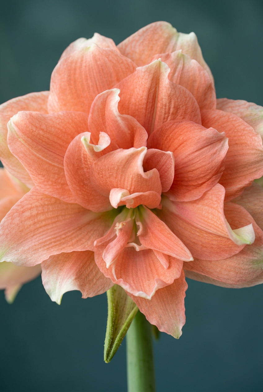 Tika Coral amaryllis close-up with a muted deep teal background