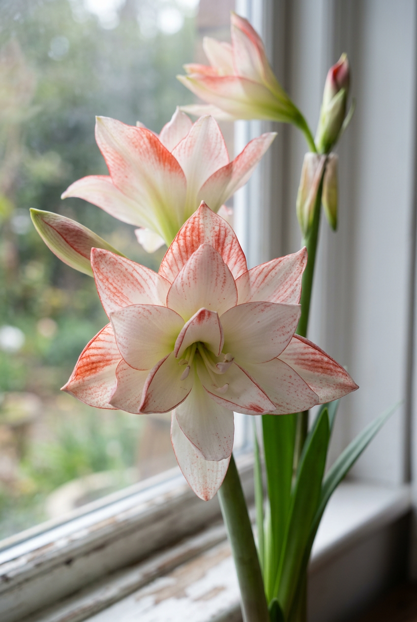 Tika Star amaryllis in a natural windowsill setting