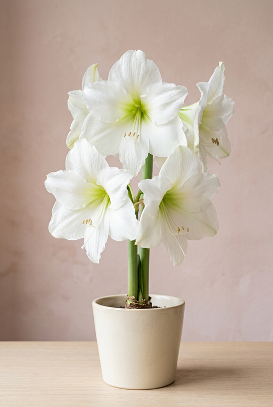 White Candle amaryllis potted hero with blush background