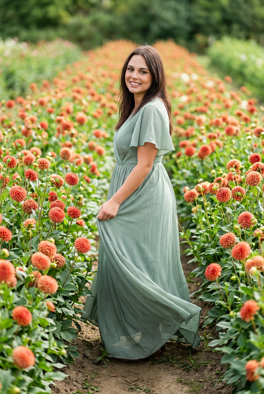 Your daughter in a flowing sage-green dress in a Copper Boy dahlia field